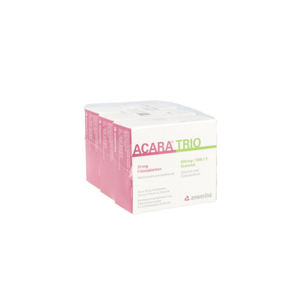 Das Produktfoto zeigt Acara Trio Ca+D3 35mg+500mg/1000 I.E. 12fta+72gra (1 Pck) PZN 14169091