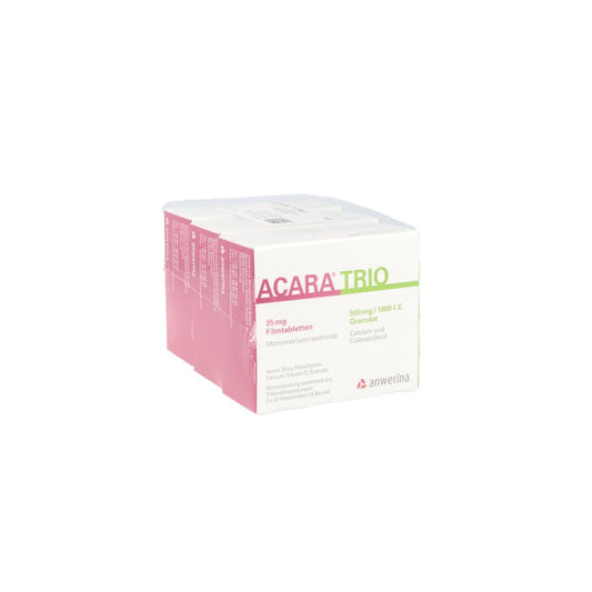 Das Produktfoto zeigt Acara Trio Ca+D3 35mg+500mg/1000 I.E. 12fta+72gra (1 Pck) PZN 14169091