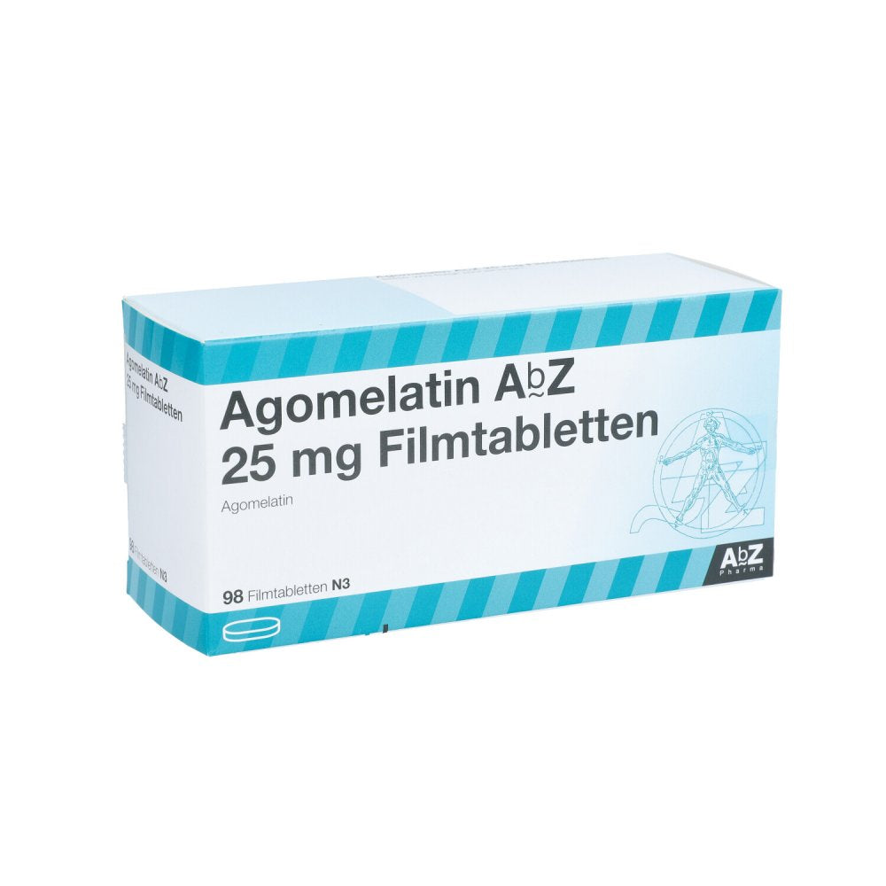 Das Produktfoto zeigt Agomelatin Abz 25 Mg Filmtabletten (98 stk) PZN 14169866