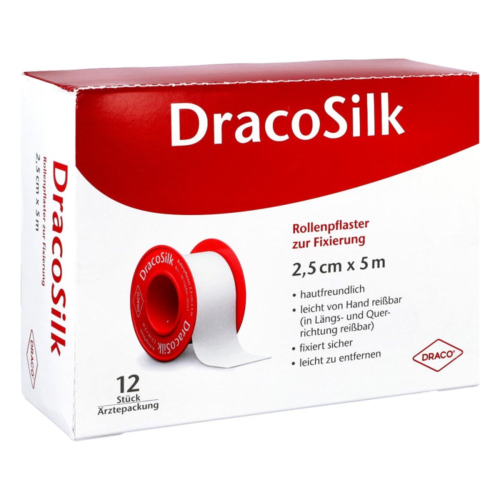 Dracosilk Rollenpflaster 2,5 Cmx5 M O.Schutzring (12 stk)