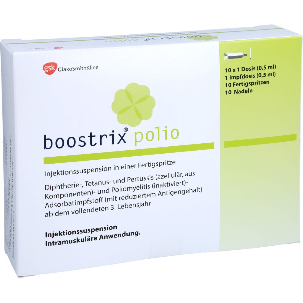 Das Produktfoto zeigt Boostrix Polio Inj.-Susp.I.E.Fertigspr.O.Kanüle (10X0.5 ml) PZN 14171461