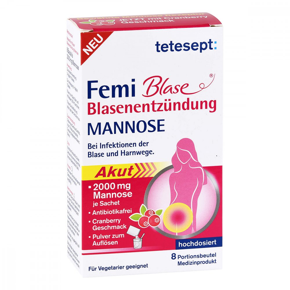 Das Produktfoto zeigt Tetesept Femi Blase Blasenentzündung Mannose Btl. (8 stk) PZN 14173201