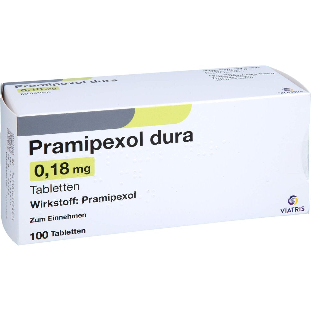 Das Produktfoto zeigt Pramipexol Dura 0,18 Mg Tabletten (100 stk) PZN 14177920