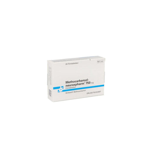 Das Produktfoto zeigt Methocarbamol-Neuraxpharm 750 Mg Filmtabletten (20 stk) PZN 14179770