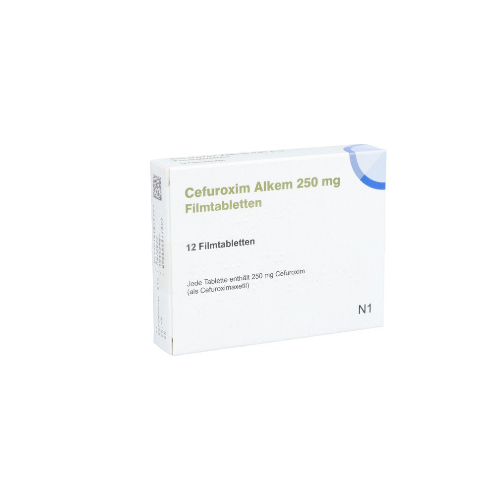 Das Produktfoto zeigt Cefuroxim Alkem 250 Mg Filmtabletten (12 stk) PZN 14184676