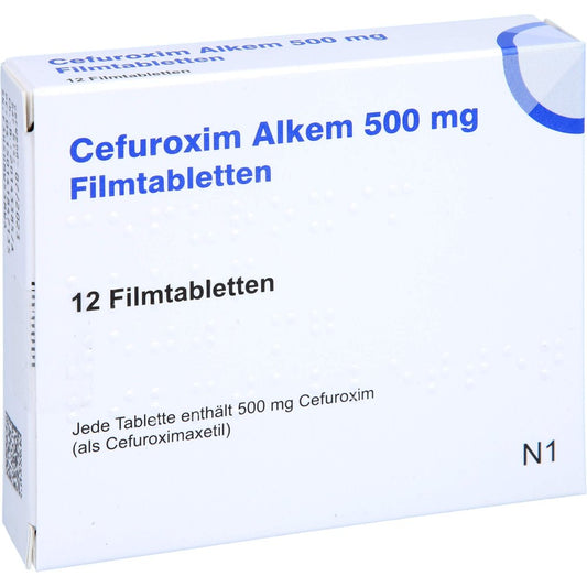 Das Produktfoto zeigt Cefuroxim Alkem 500 Mg Filmtabletten (12 stk) PZN 14184713