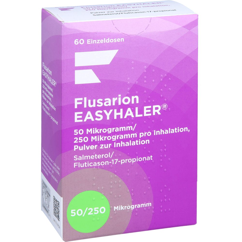 Das Produktfoto zeigt Flusarion Easyhaler 50μg/250μg/Dosis 60ed Inh.-P. (1 stk) PZN 14186238