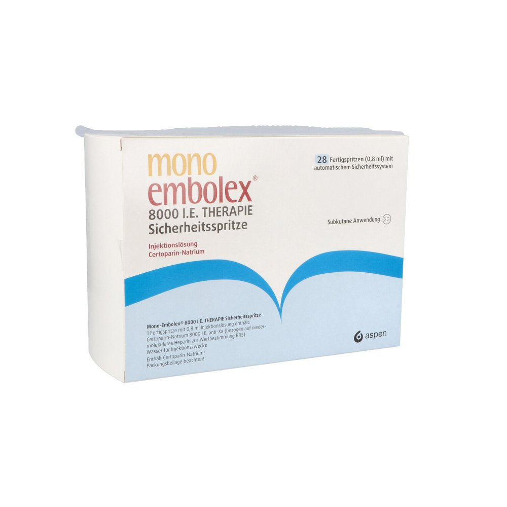 Das Produktfoto zeigt Mono Embolex 8.000 I.E. Therapie Sicherheitsspr. (28 stk) PZN 14188970