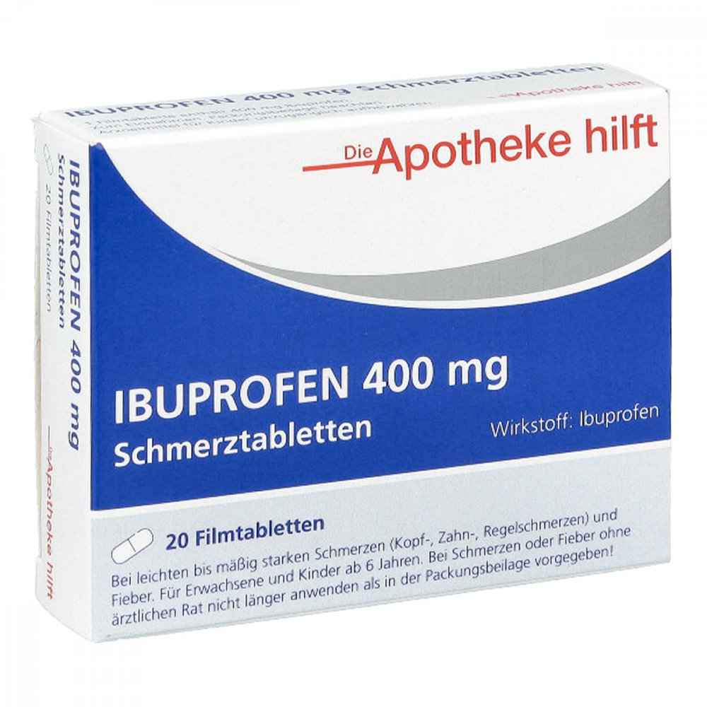 Das Produktfoto zeigt Ibuprofen 400 Mg Die Apotheke Hilft Filmtabletten (20 stk) PZN 14190180