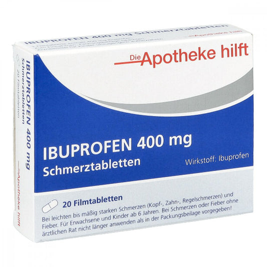 Das Produktfoto zeigt Ibuprofen 400 Mg Die Apotheke Hilft Filmtabletten (20 stk) PZN 14190180