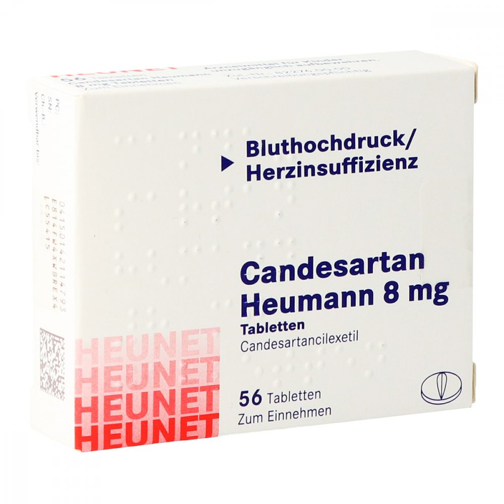 Das Produktfoto zeigt Candesartan Heumann 8 Mg Tabletten Heunet (56 stk) PZN 14211479