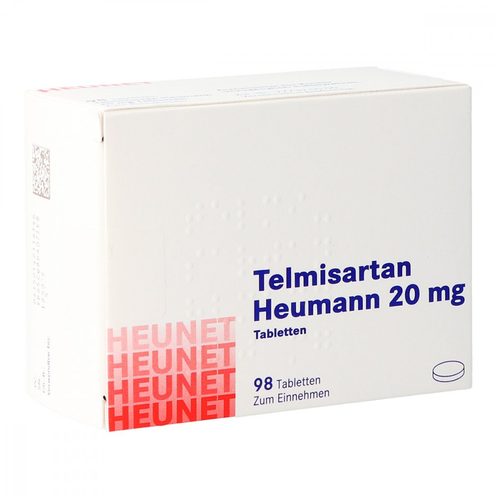 Das Produktfoto zeigt Telmisartan Heumann 20 Mg Tabletten Heunet (98 stk) PZN 14211634