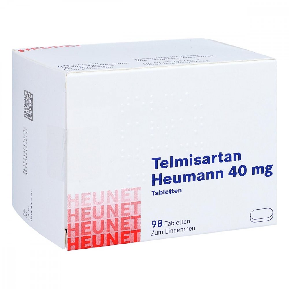 Das Produktfoto zeigt Telmisartan Heumann 40 Mg Tabletten Heunet (98 stk) PZN 14211663