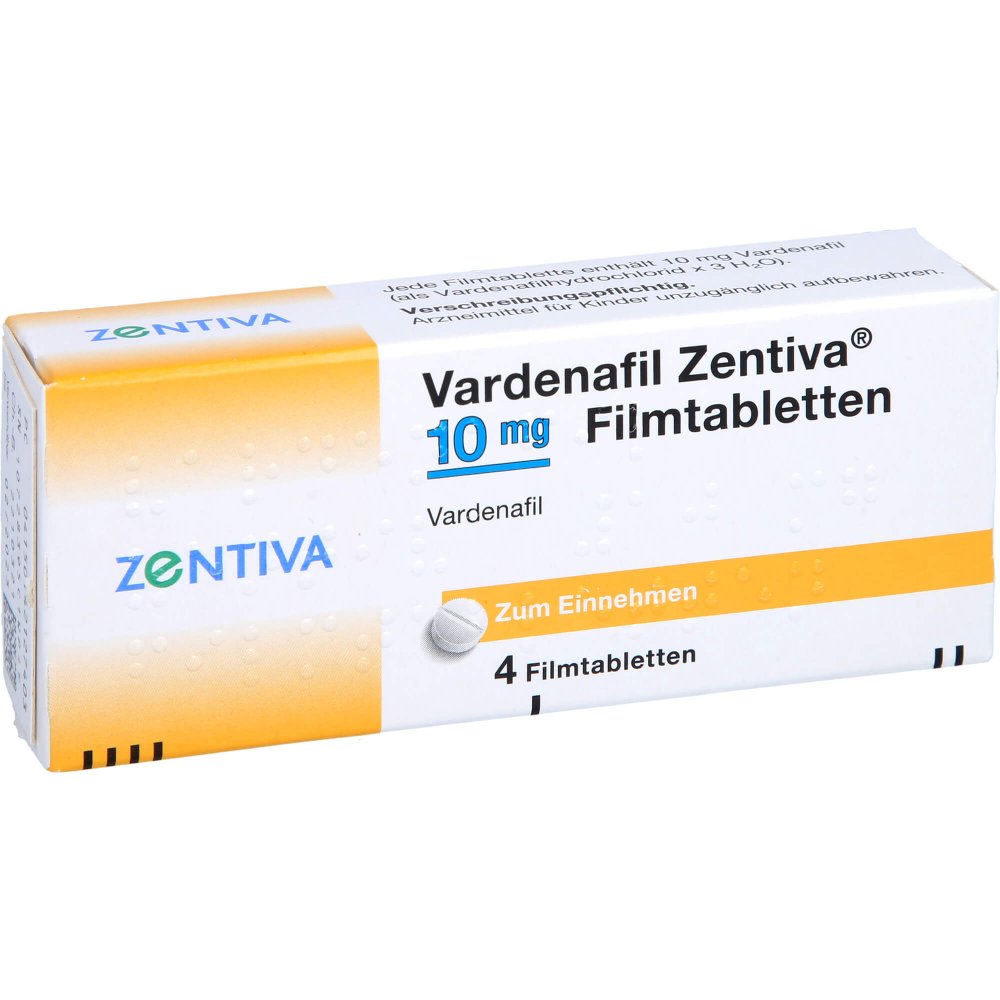 Das Produktfoto zeigt Vardenafil Zentiva 10 Mg Filmtabletten (4 stk) PZN 14212740