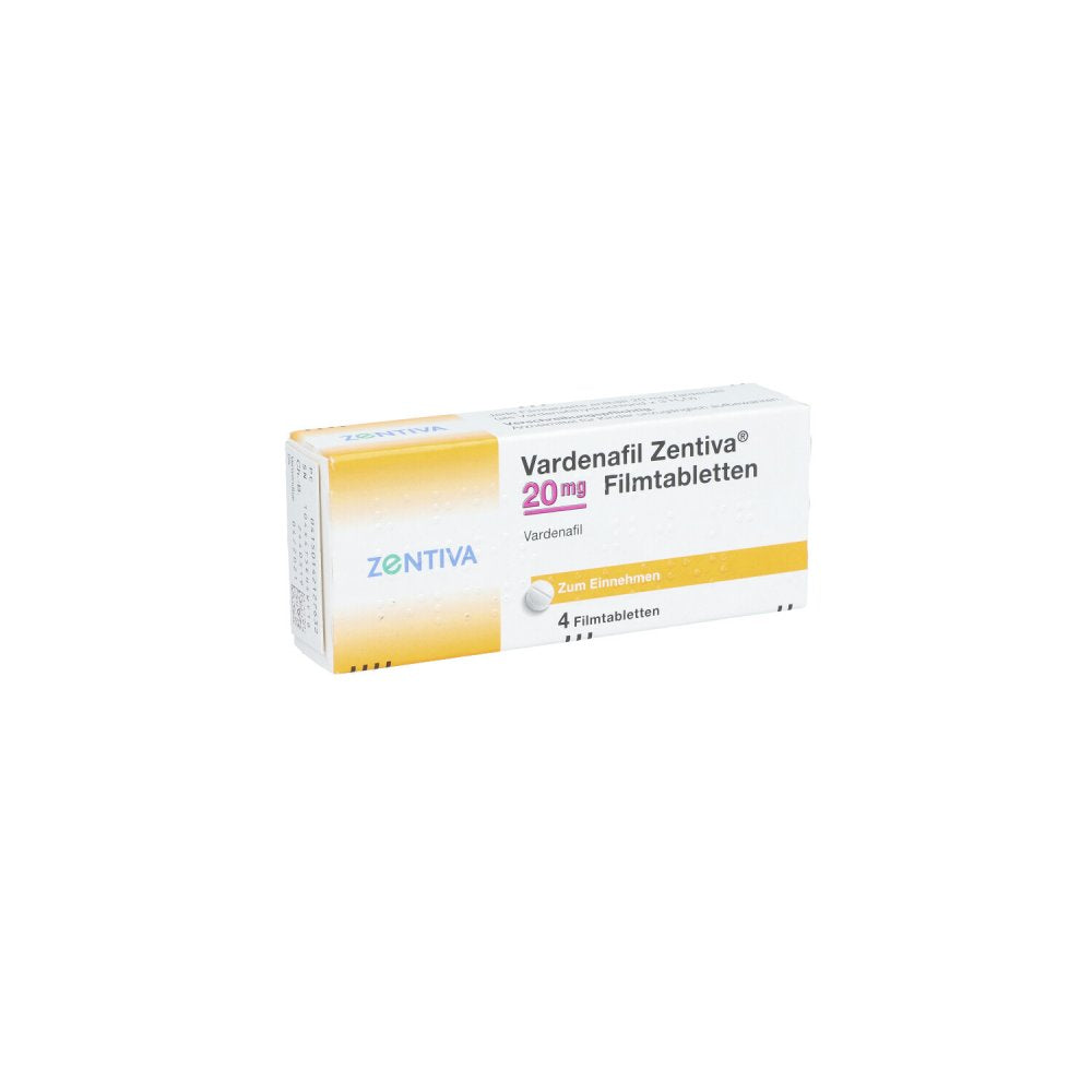 Das Produktfoto zeigt Vardenafil Zentiva 20 Mg Filmtabletten (4 stk) PZN 14212763