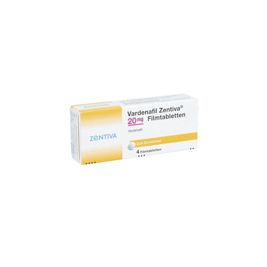 Das Produktfoto zeigt Vardenafil Zentiva 20 Mg Filmtabletten (4 stk) PZN 14212763