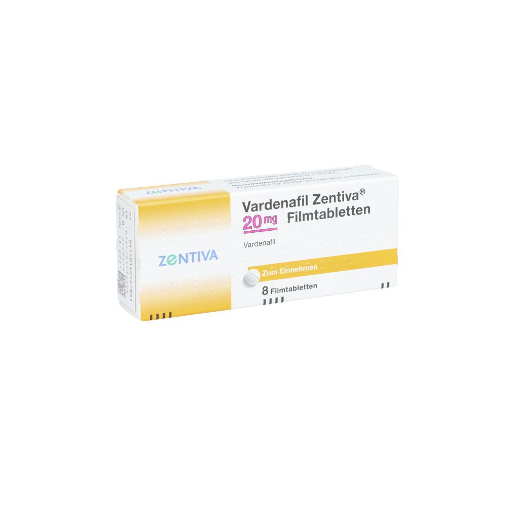Das Produktfoto zeigt Vardenafil Zentiva 20 Mg Filmtabletten (8 stk) PZN 14212786