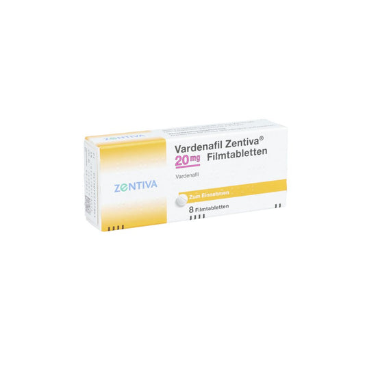 Das Produktfoto zeigt Vardenafil Zentiva 20 Mg Filmtabletten (8 stk) PZN 14212786
