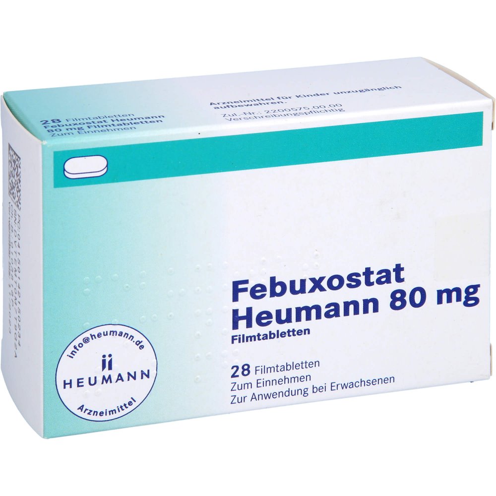 Das Produktfoto zeigt Febuxostat Heumann 80 Mg Filmtabletten (28 stk) PZN 14215023