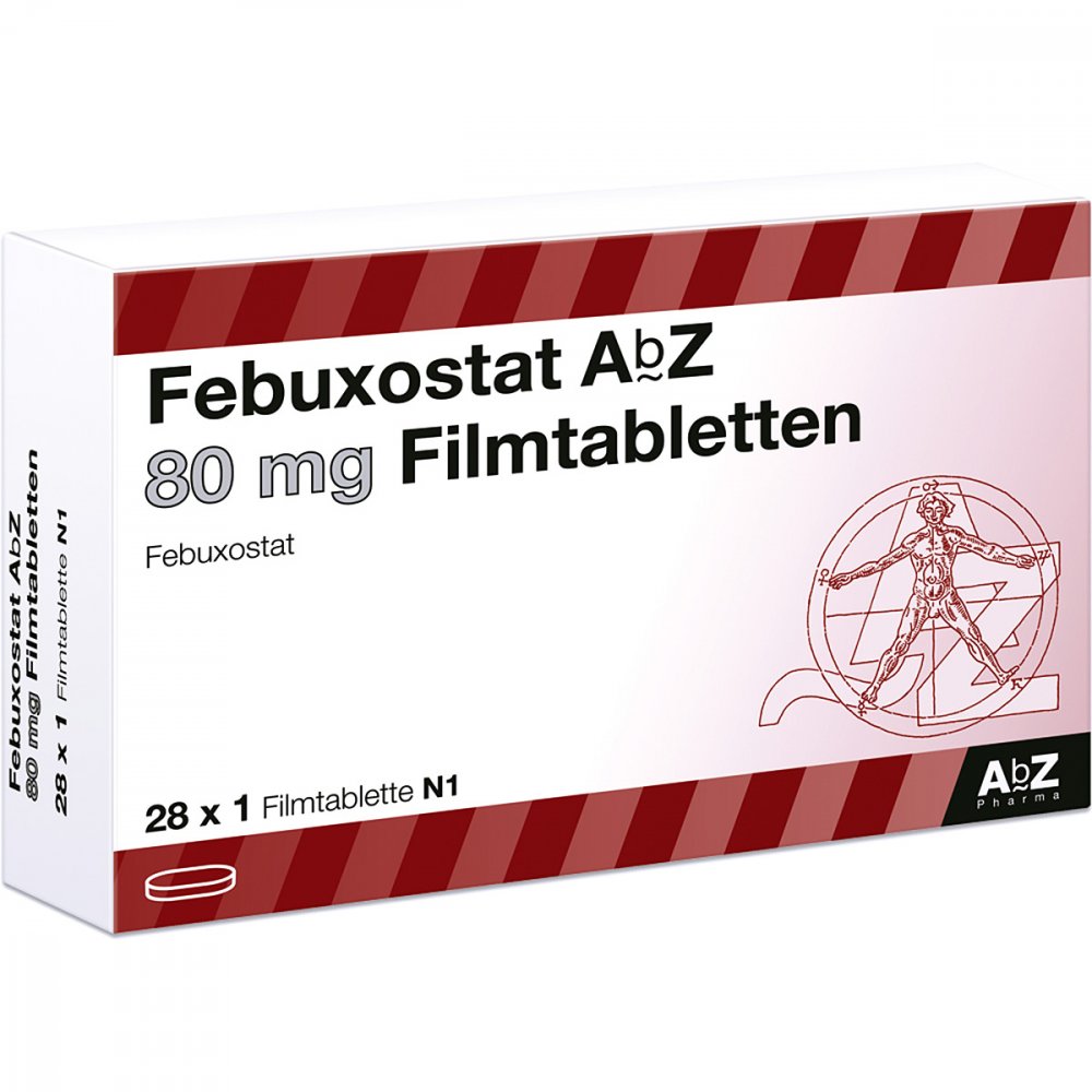 Das Produktfoto zeigt Febuxostat Abz 80 Mg Filmtabletten (28 stk) PZN 14215589