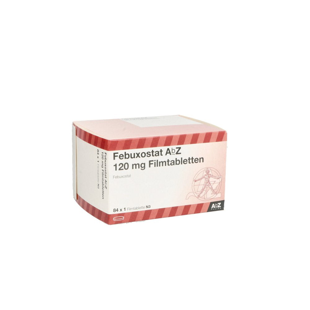 Das Produktfoto zeigt Febuxostat Abz 120 Mg Filmtabletten (84 stk) PZN 14215626