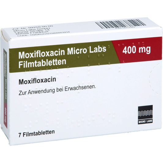 Das Produktfoto zeigt Moxifloxacin Micro Labs 400 Mg Filmtabletten (7 stk) PZN 14217482