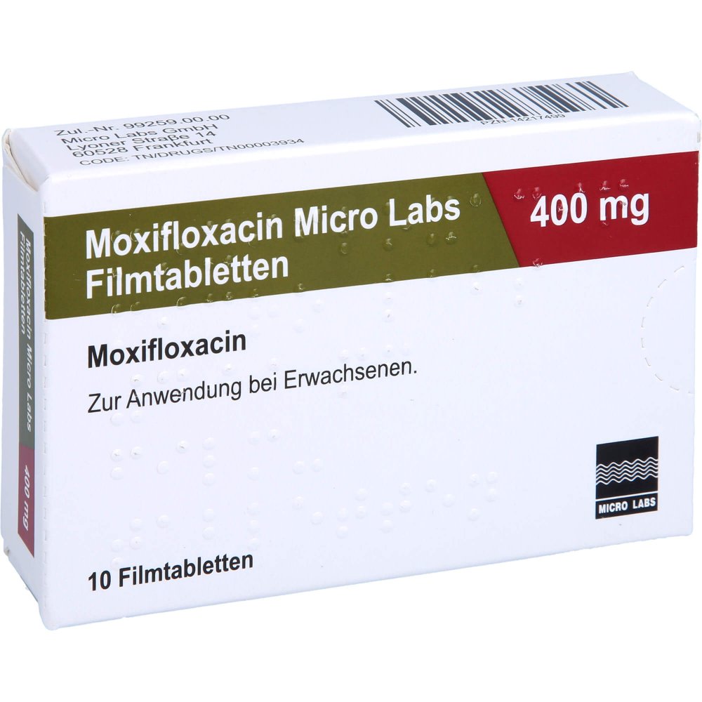 Das Produktfoto zeigt Moxifloxacin Micro Labs 400 Mg Filmtabletten (10 stk) PZN 14217499