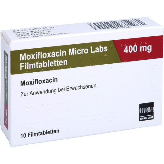 Das Produktfoto zeigt Moxifloxacin Micro Labs 400 Mg Filmtabletten (10 stk) PZN 14217499