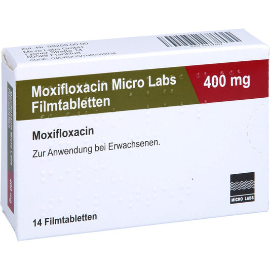 Das Produktfoto zeigt Moxifloxacin Micro Labs 400 Mg Filmtabletten (14 stk) PZN 14217507