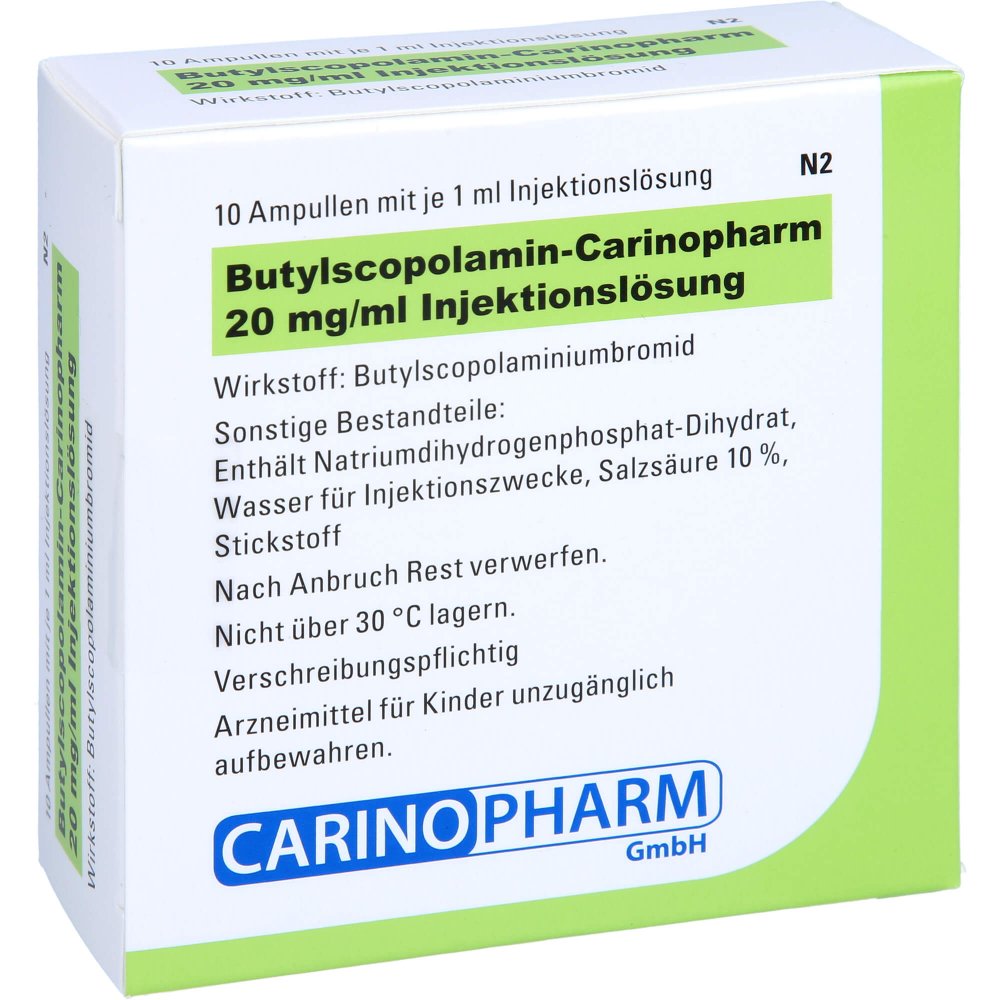 Das Produktfoto zeigt Butylscopolamin-Carinopharm 20 Mg/Ml Inj.-Lsg.Amp. (10 stk) PZN 14234658