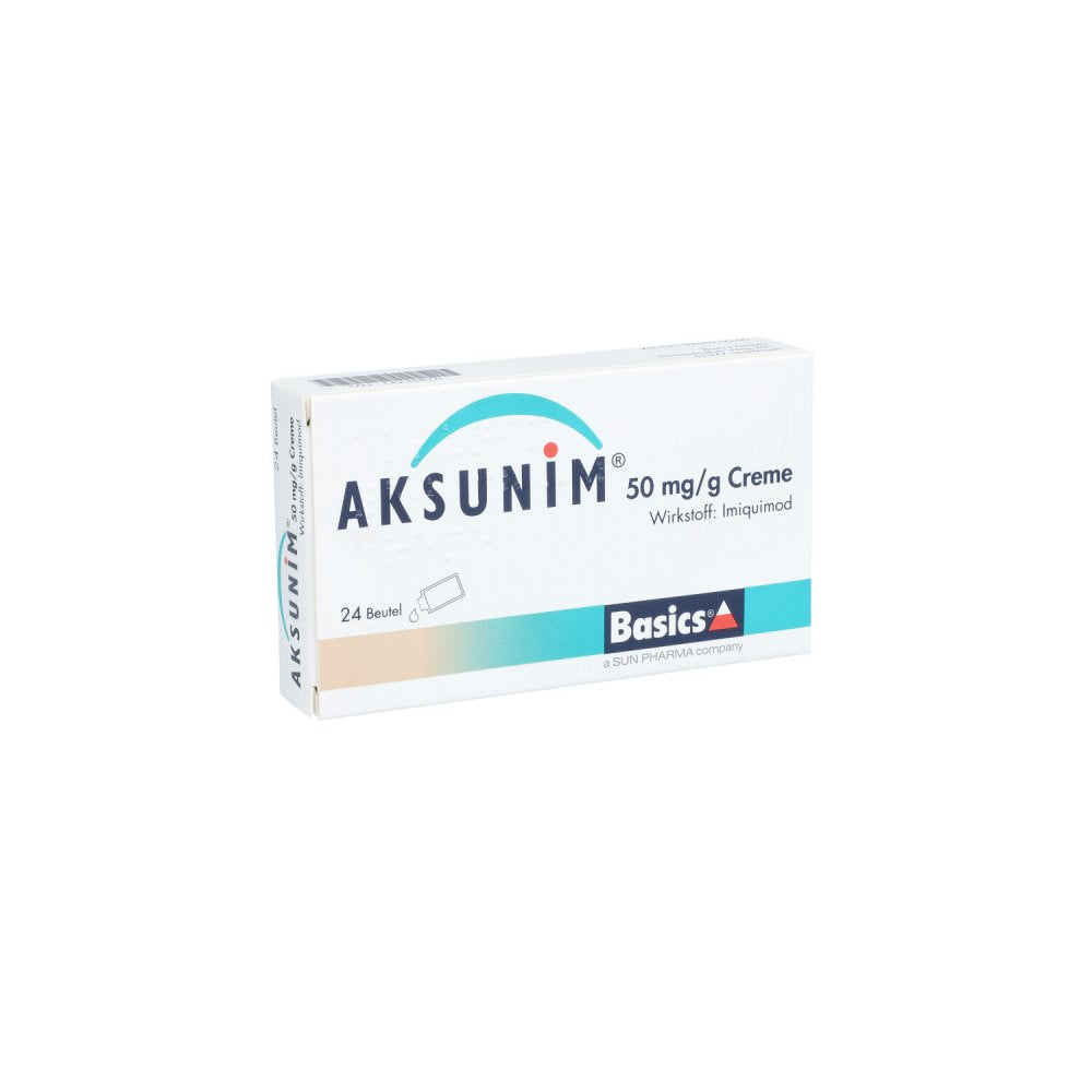 Das Produktfoto zeigt Aksunim 50 Mg/G Creme Beutel (24 stk) PZN 14235876