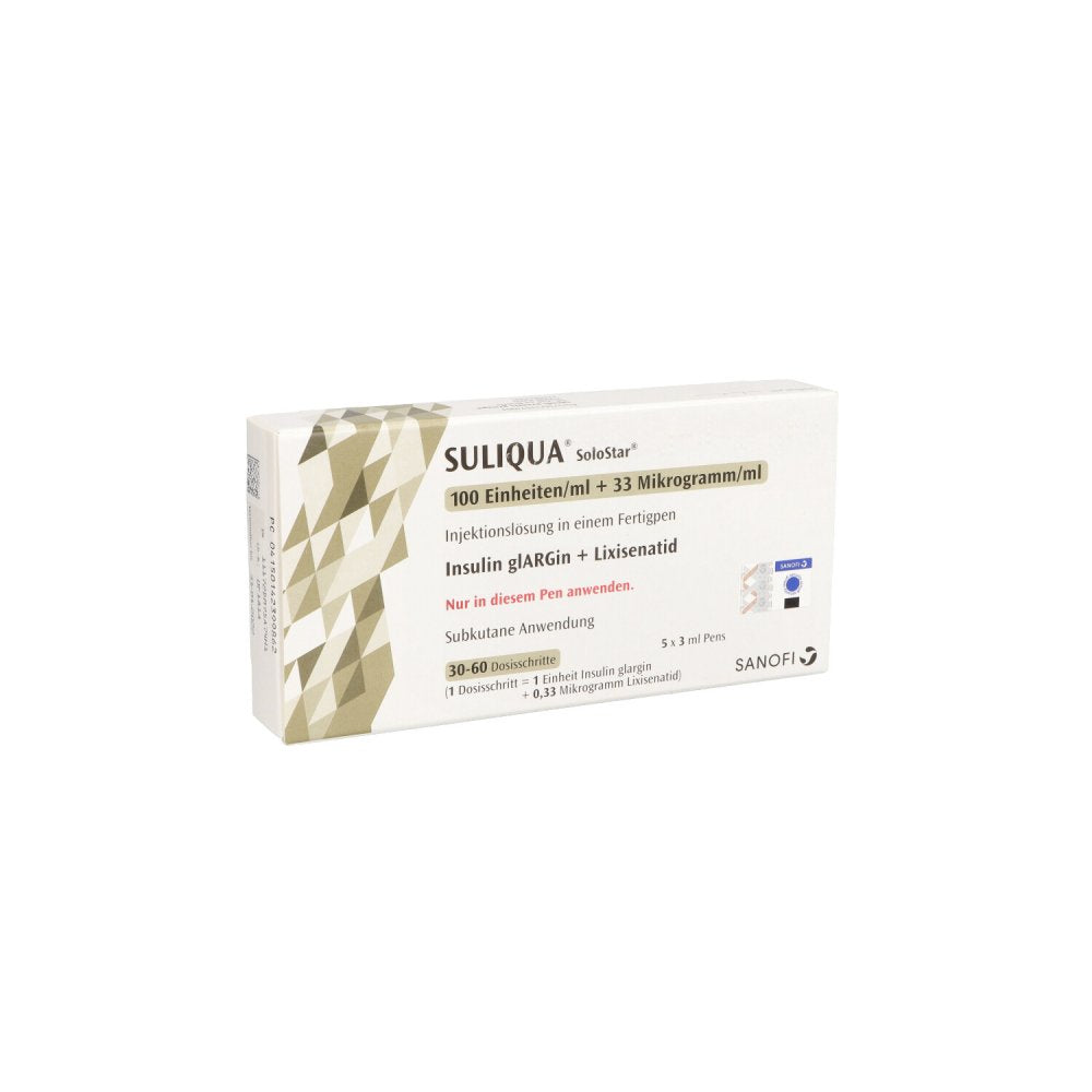 Das Produktfoto zeigt Suliqua 100 E/Ml + 33 Μg/Ml Solostar Inj.-Lsg. (5X3 ml) PZN 14239986