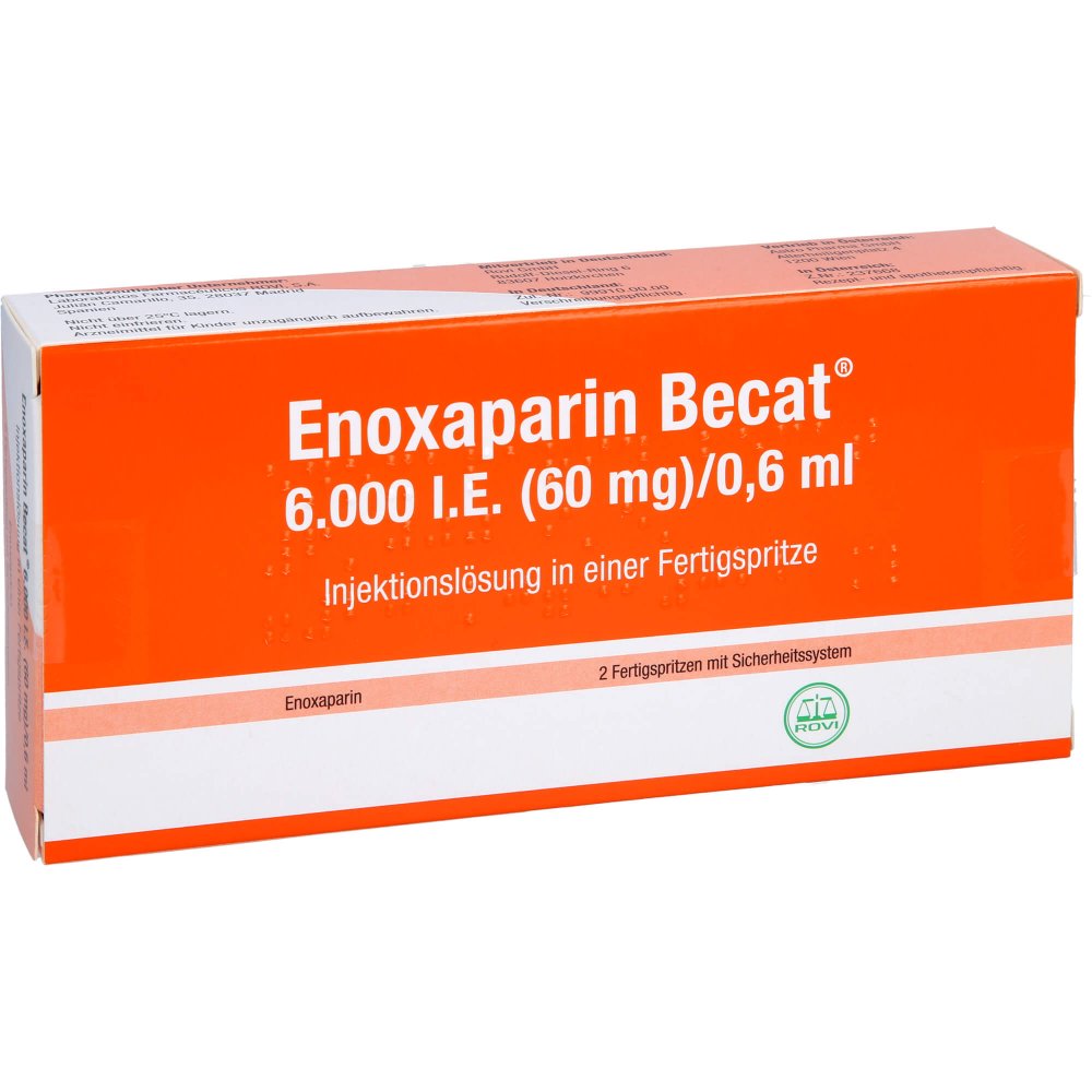 Das Produktfoto zeigt Enoxaparin Becat 6.000 I.E. 60mg/0,6ml Ilo Fs+Si.S (2 stk) PZN 14243798