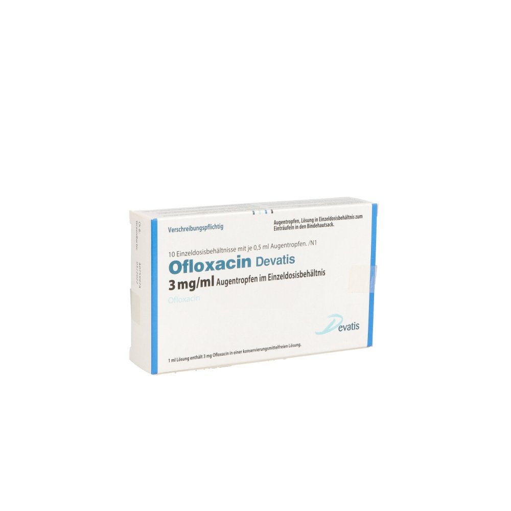 Das Produktfoto zeigt Ofloxacin Devatis 3 Mg/Ml Augentr.I.Einzeldosisb. (10X0.5 ml) PZN 14251349