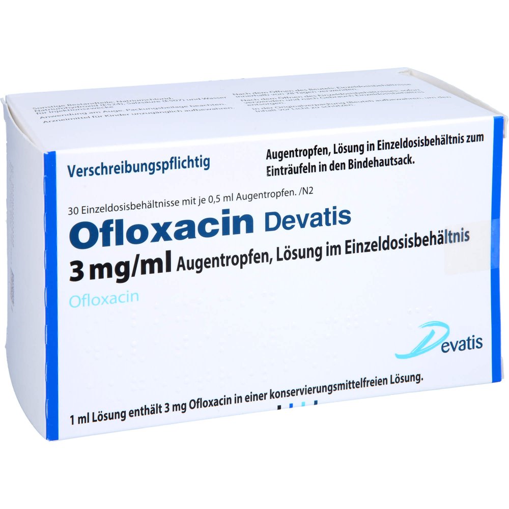 Das Produktfoto zeigt Ofloxacin Devatis 3 Mg/Ml Augentr.I.Einzeldosisb. (30X0.5 ml) PZN 14251355