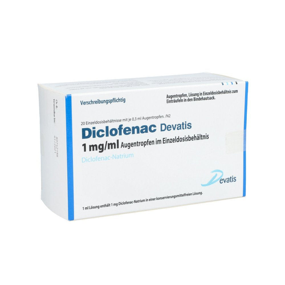 Das Produktfoto zeigt Diclofenac Devatis 1 Mg/Ml Augentropfen Einzeldos. (20X0.3 ml) PZN 14251378