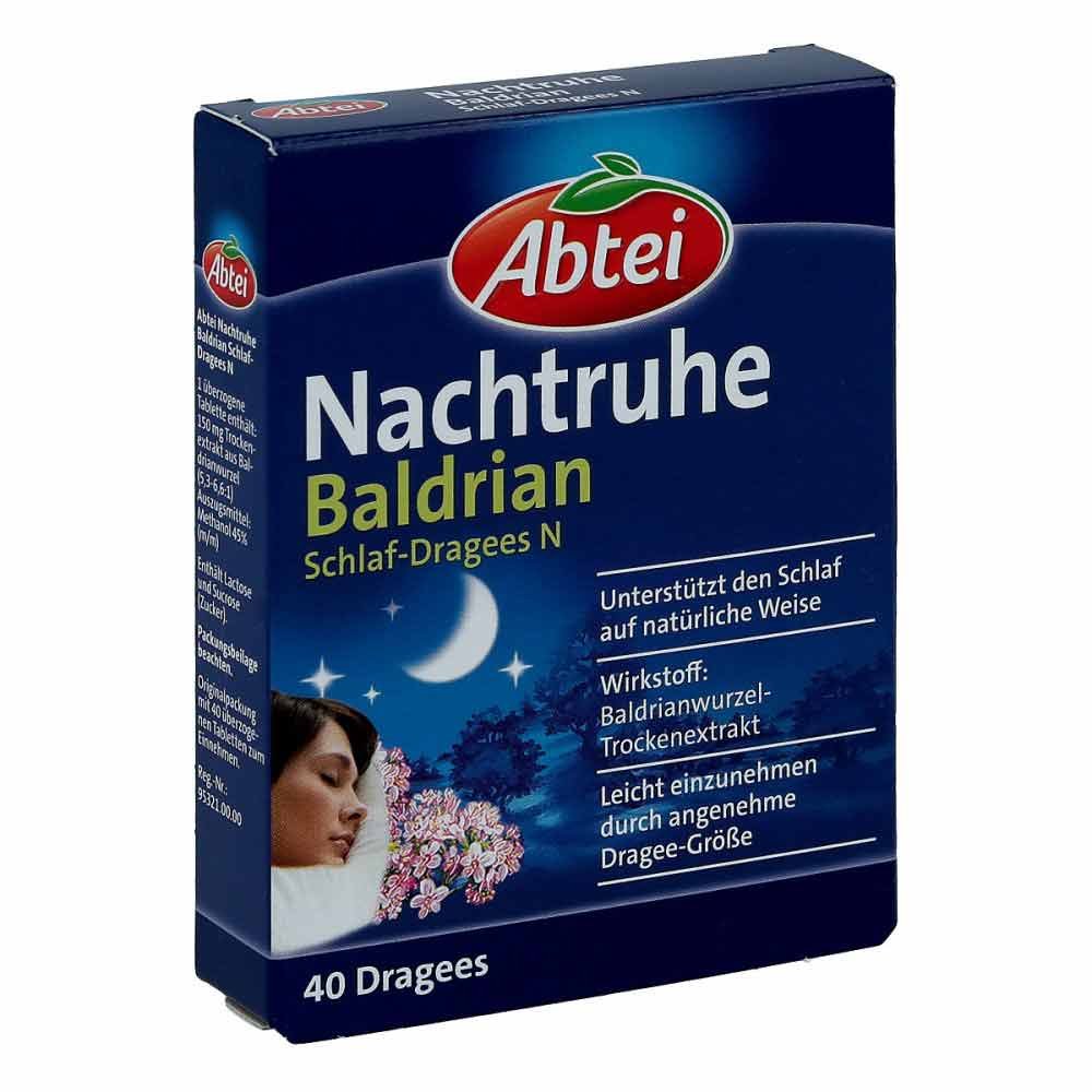 Das Produktfoto zeigt Abtei Nachtruhe Baldrian Schlaf-Dragees N (40 stk) PZN 14254282