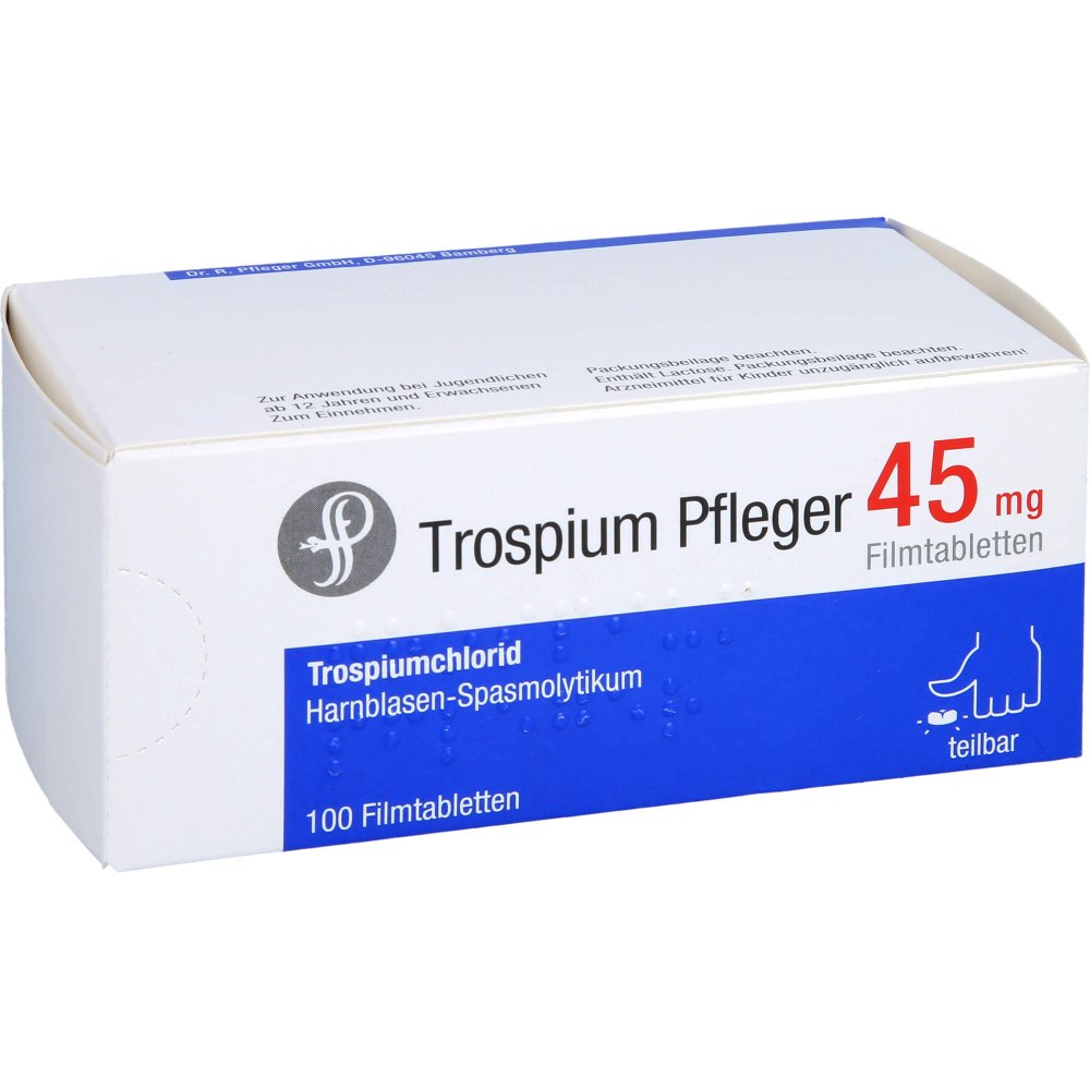 Das Produktfoto zeigt Trospium Pfleger 45 Mg Filmtabletten (100 stk) PZN 14258825