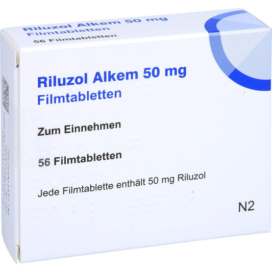 Das Produktfoto zeigt Riluzol Alkem 50 Mg Filmtabletten (56 stk) PZN 14261388