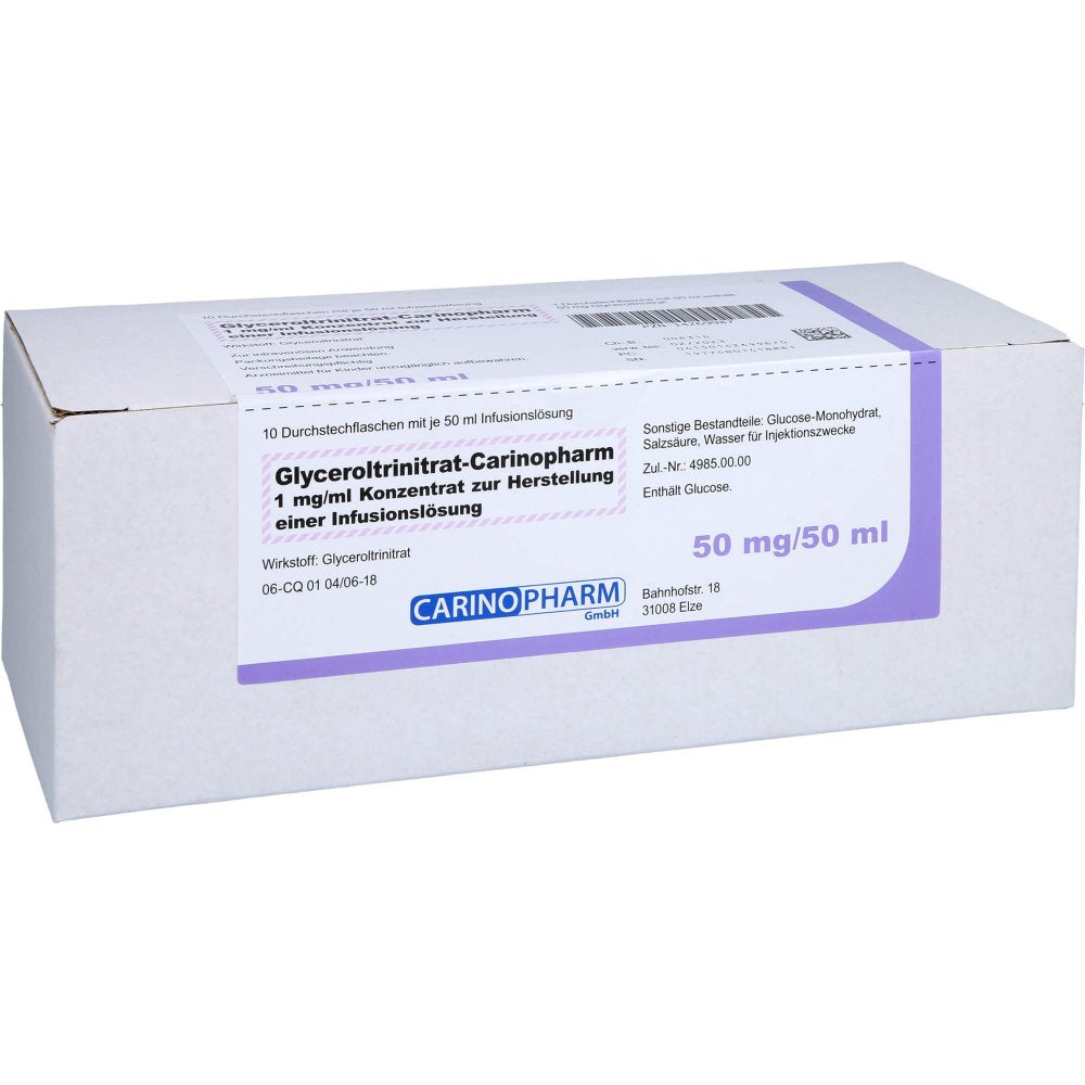 Das Produktfoto zeigt Glyceroltrinitrat-Carinopharm 1 Mg/Ml K.Z.H.Inf.L. (10 stk) PZN 14269987