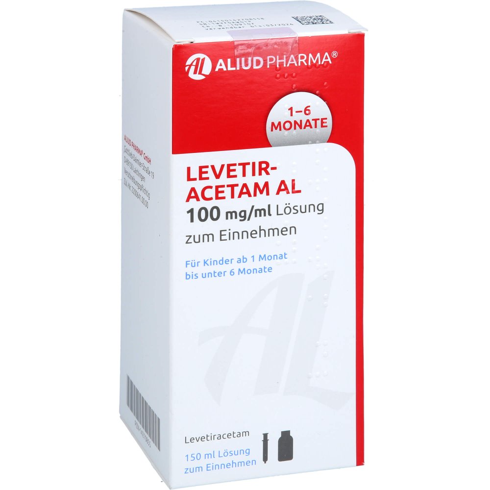 Das Produktfoto zeigt Levetiracetam Al 100 Mg/Ml Lsg.Z.Einn.1ml Dos.Spr. (150 ml) PZN 14270855