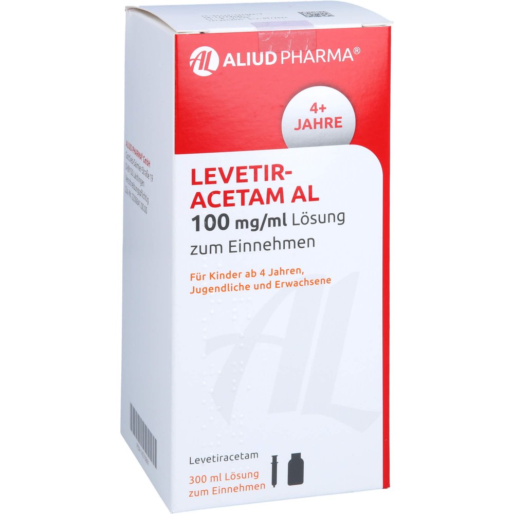 Das Produktfoto zeigt Levetiracetam Al 100 Mg/Ml Lsg.Z.Einn.10ml Dos.Spr (300 ml) PZN 14270861