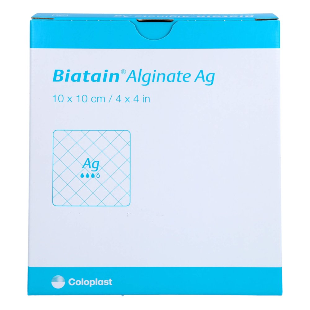 Das Produktfoto zeigt Biatain Alginate Ag Kompressen 10x10 Cm Mit Silber (10 stk) PZN 14278578
