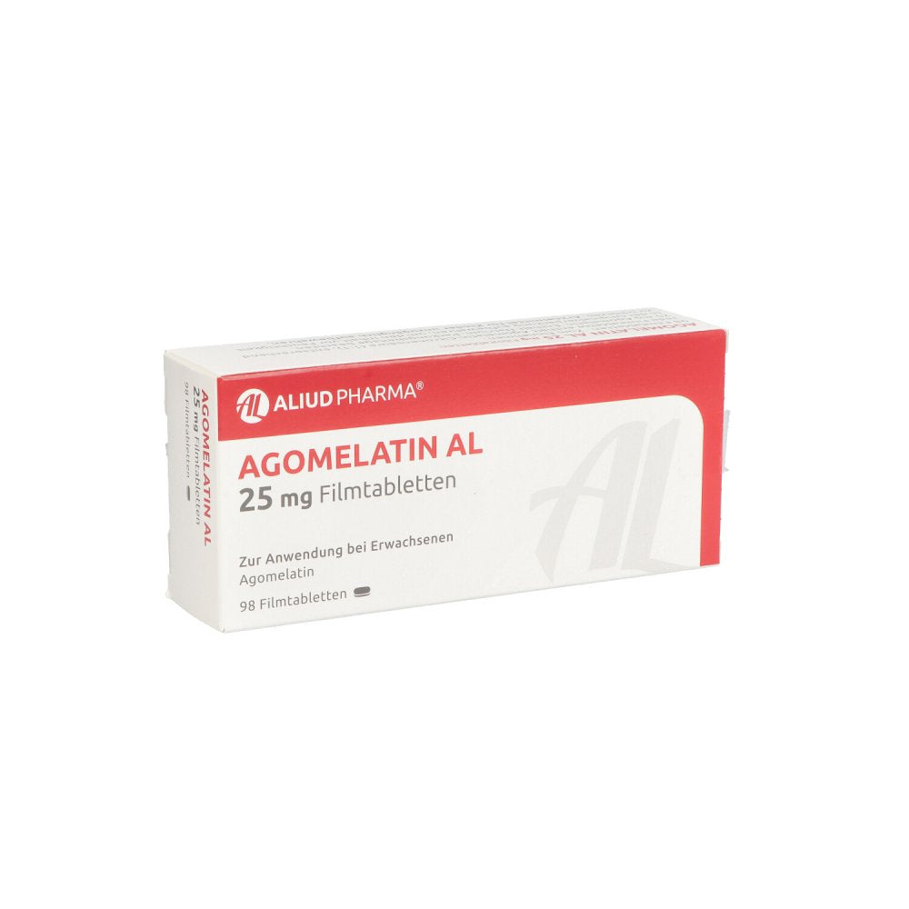 Das Produktfoto zeigt Agomelatin Al 25 Mg Filmtabletten (98 stk) PZN 14286431