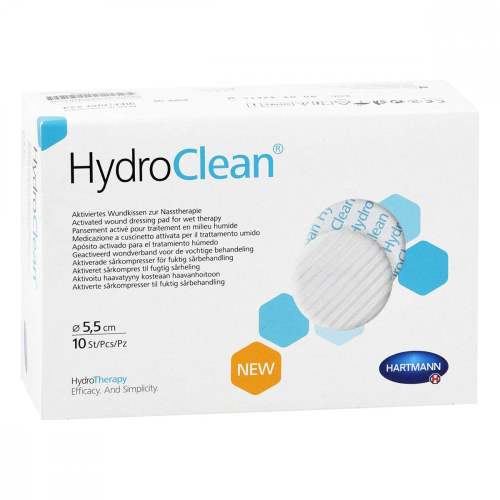 Das Produktfoto zeigt Hydroclean Kompressen 5,5 Cm Rund Steril (10 stk) PZN 14289748