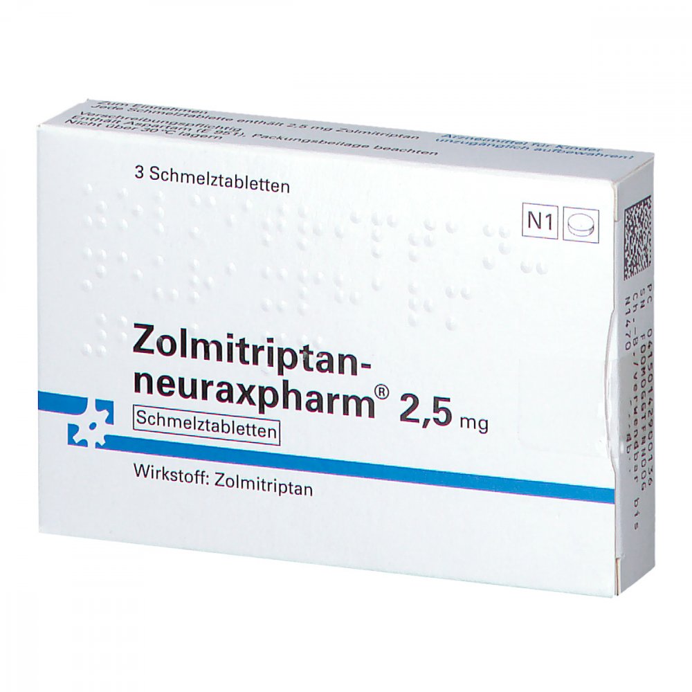 Das Produktfoto zeigt Zolmitriptan-Neuraxpharm 2,5 Mg Schmelztabletten (3 stk) PZN 14290013