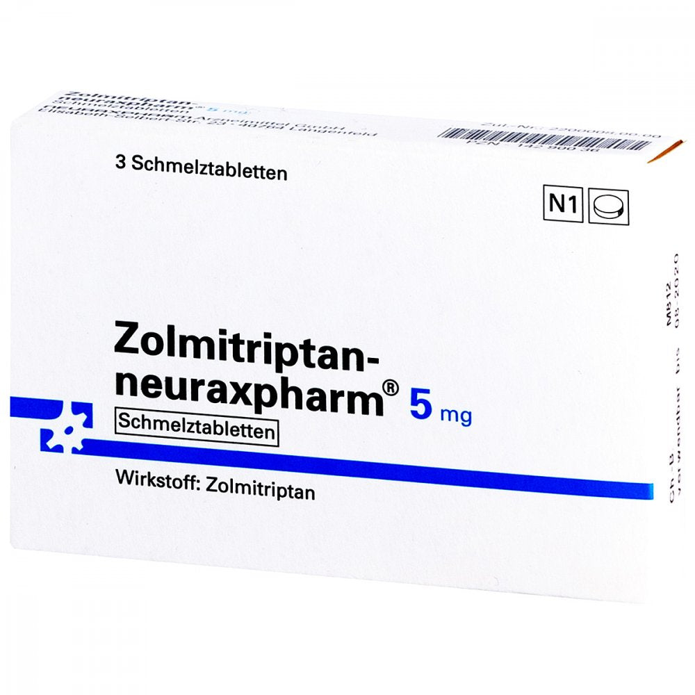 Das Produktfoto zeigt Zolmitriptan-Neuraxpharm 5 Mg Schmelztabletten (3 stk) PZN 14290036