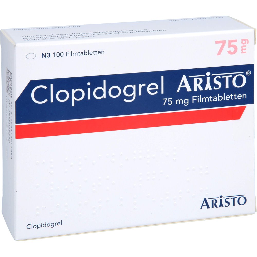 Das Produktfoto zeigt Clopidogrel Aristo 75 Mg Filmtabletten (100 stk) PZN 14294608