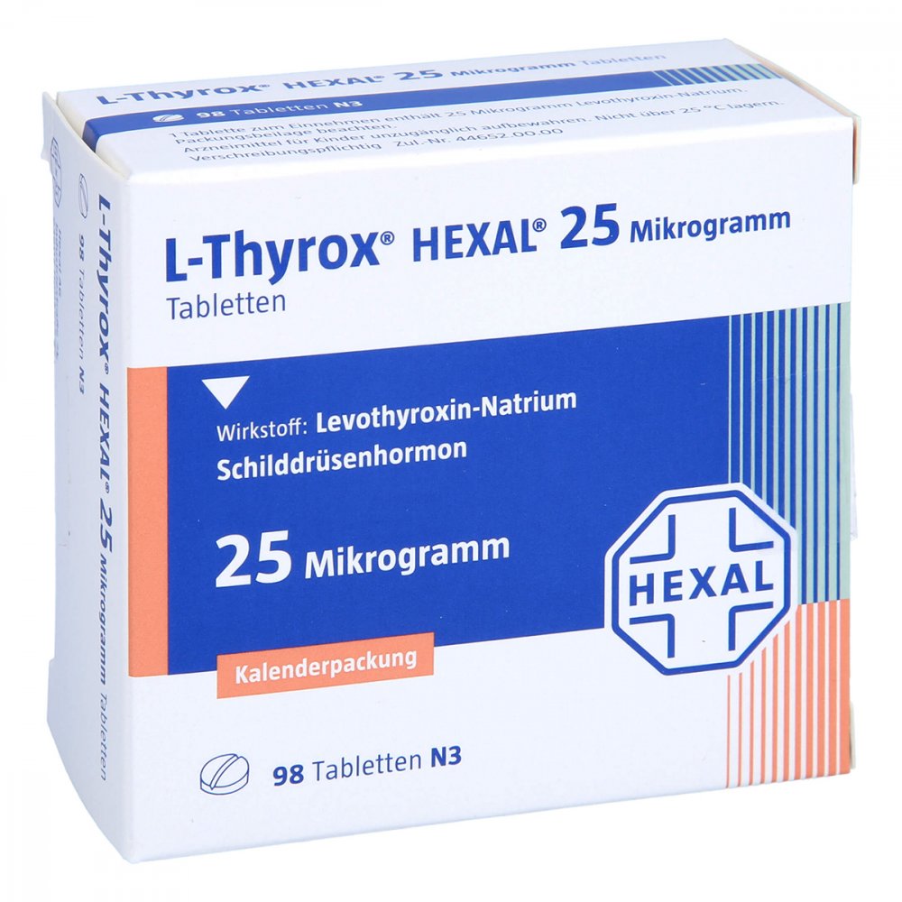 Das Produktfoto zeigt L-Thyrox Hexal 25 Mikrogramm Tabl.I.Kalenderpack. (98 stk) PZN 14295105