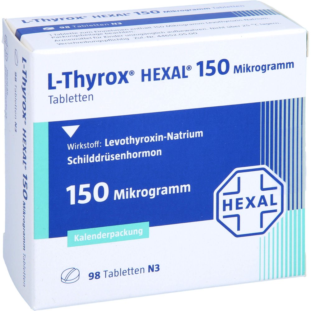 Das Produktfoto zeigt L-Thyrox Hexal 150 Mikrogramm Tabl.I.Kalenderpack. (98 stk) PZN 14295200